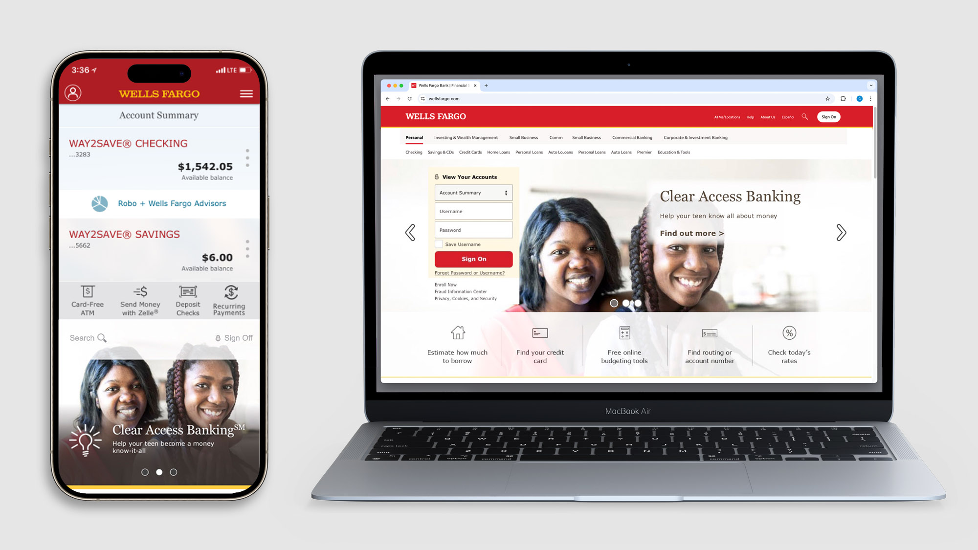 Image of a mobile phone and a laptop, both showing the home screen for a bank. On both screens there is a large image of a mother and daughter smiling at the camera, with text over the image reading ‘Clear Access Banking. Help your teen become a money know-it-all, find out more’.