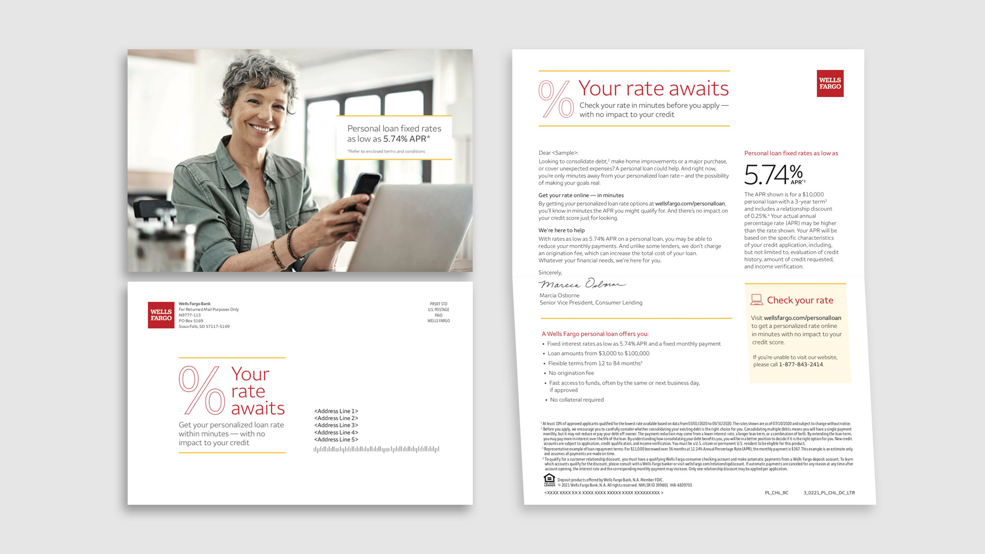 Image showing a folding self-mailer. The front cover shows a smiling woman holding a phone in front of a laptop. The back cover has the mailing address and text that reads ‘Your rate awaits’. The inside shows a letter promoting a personal loan product.