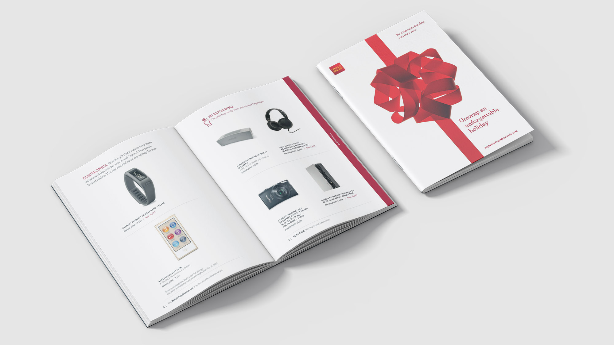 The front cover and inside spread of a holiday catalog. The cover is white with a red bow and ribbon, appearing to be wrapped like a gift. The inside spread of pages shows several products with descriptions below them.