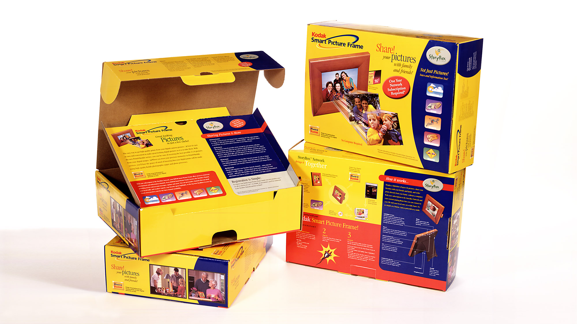 Photo of a digital picture frame product packaging, showing the front and back of the box, and inside the box with the top lid open.