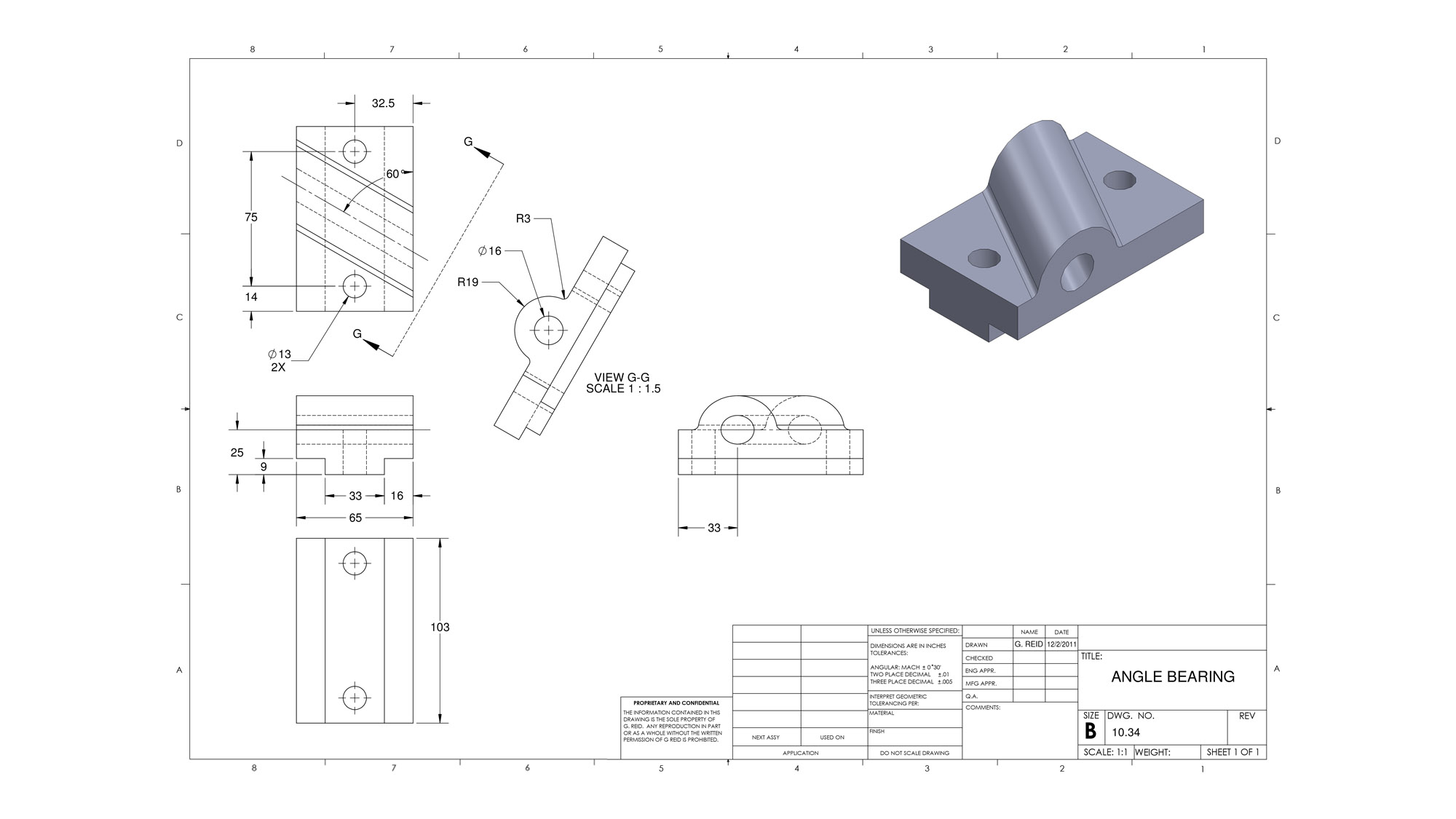 Blueprint of an angle bearing, showing top, front, side, and bottom projections, and an isometric view. A table in the corner lists details about the part.