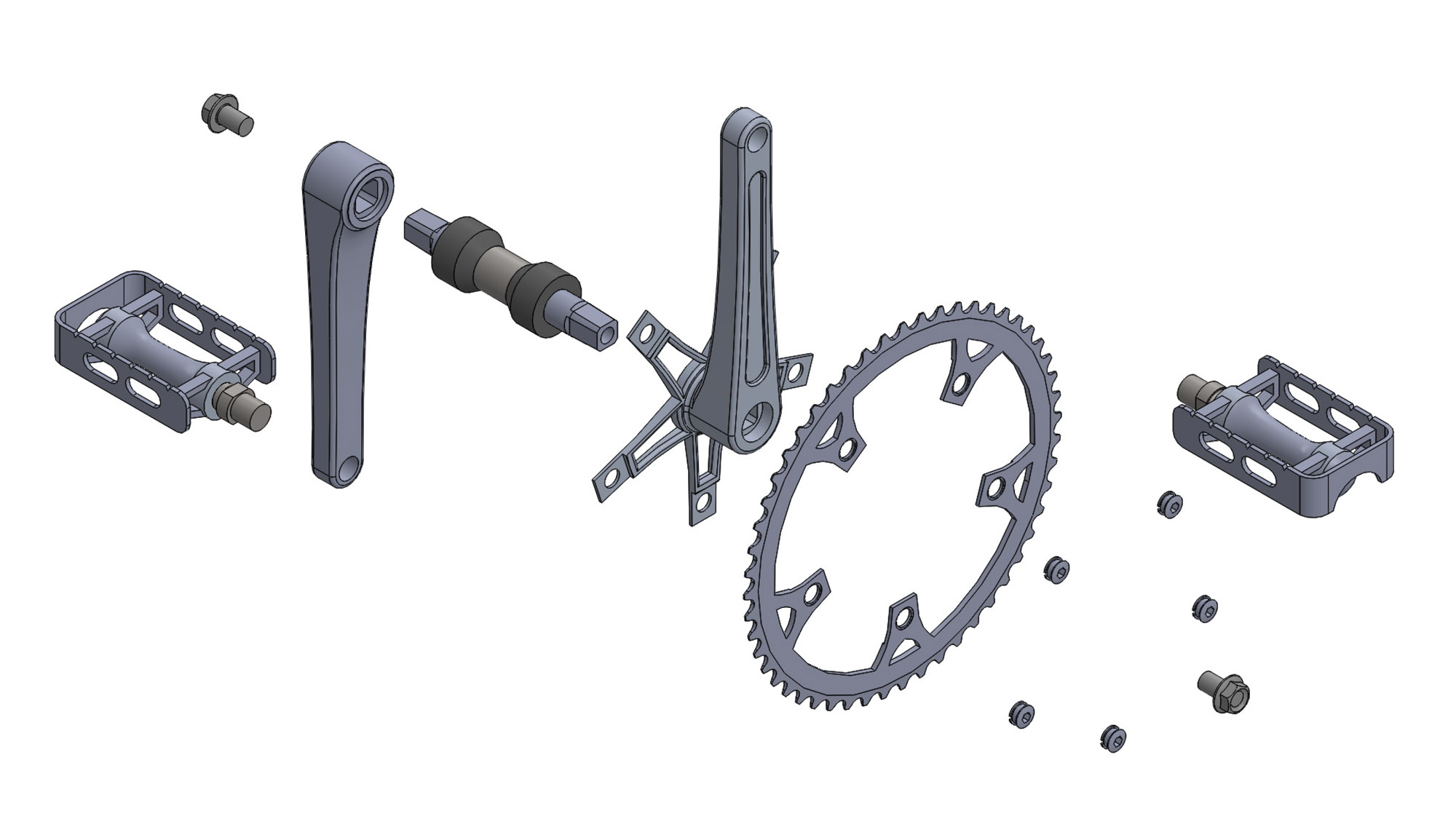 A 3-D exploded diagram of a bicycle crankset, including pedals, crank arms, spindle, and chainring.
