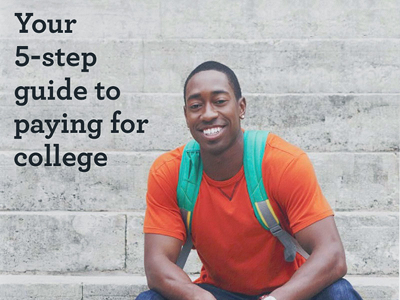 A college-age man with an orange shirt sitting in front of a grey brick wall. Text over the image reads ‘Your 5-steo guide to paying for college’.