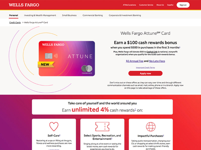 A webpage showing a credit card and its features. The card image is prominent in the top of the page, with sections below showing detailed information about the card.