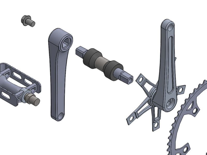 A 3-D exploded diagram of a bicycle crankset, including pedals, crank arms, spindle, and chainring.